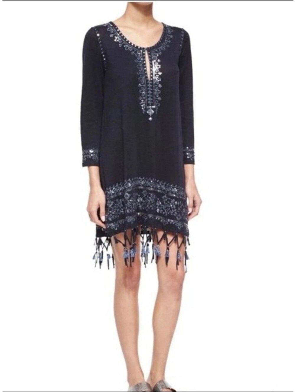 Calpyso St. Barth Berega Linen Embroidered Fringe Tunic Caftan Dress Size Medium